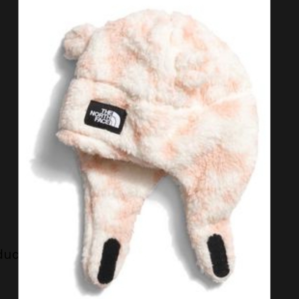 The North Face Fuzzy Pink & Whote Baby  Hat. 0-6 months